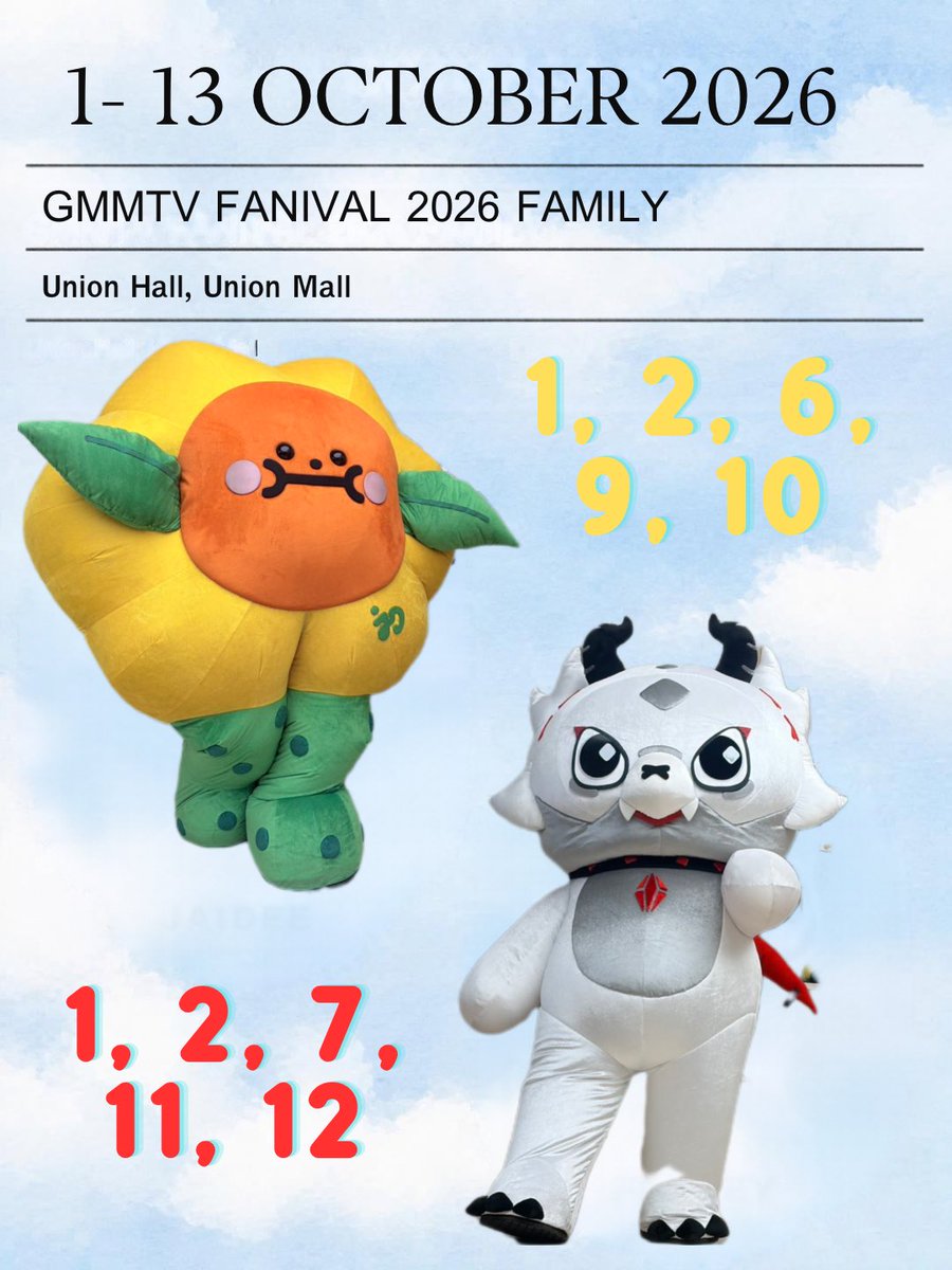 Joongdunk_trend's tweet photo. #JDSchedule ✨🌻#JAIDEE 🐲 #FLAREY
🌟GMMTV FANIVAL 2026 HAPPY FAMILY
🗓️ 1 – 13 October 2026
📍 Union Hall, Union Mall

🌻🌞 :  JAIDEE 
🗓️ : 1,2,6,9,10 October 2026
🕛 : All Day

🔑 : JAIDEE SHINE FANIVAL26
#️⃣ : GMMTVFANIVAL2026HappyFamily
➕ : #JAIDEE 

       ~~~~~~~~~~~~~~~~~~~~
🐲♦️:  FLAREY
🗓️ : 1,2,7,11,12 October 2026
🕛 : All Day

#️⃣ : GMMTVFANIVAL2026HappyFamily
➕ : #FLAREY