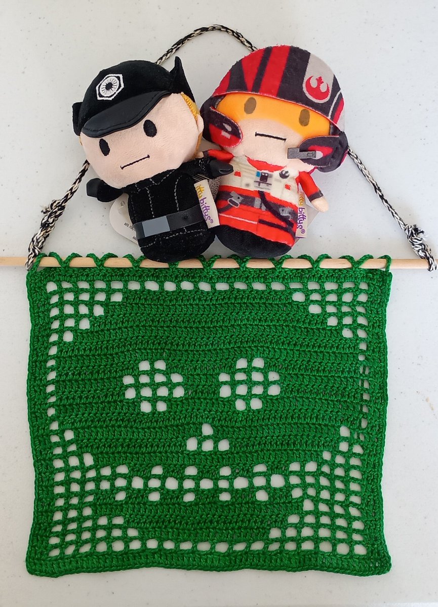 lam3borghini's tweet photo. I still gotta do some blocking and weaving one end and this fillet crochet skull wall hanging is finished! I thrifted the yarn a few years back and am finally working through the stash 😁 some bonus #GingerPilot Itty Bitties for scale #PoeDameron #GeneralHux #crochet https://t.co/9Q6Ej1JTq3