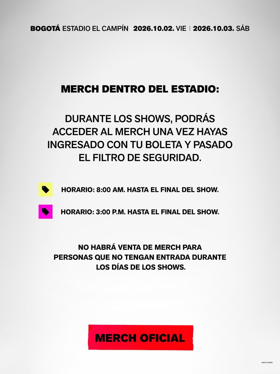 ARMYBogotaCol's tweet photo. Desde @paramo_presenta comparten los puntos de venta de merch en el estadio 💜

Para dudas, comentarios, sugerencias, les dejamos el post original en IG https://t.co/erW3PhtTOw https://t.co/o6aVc8skBJ
