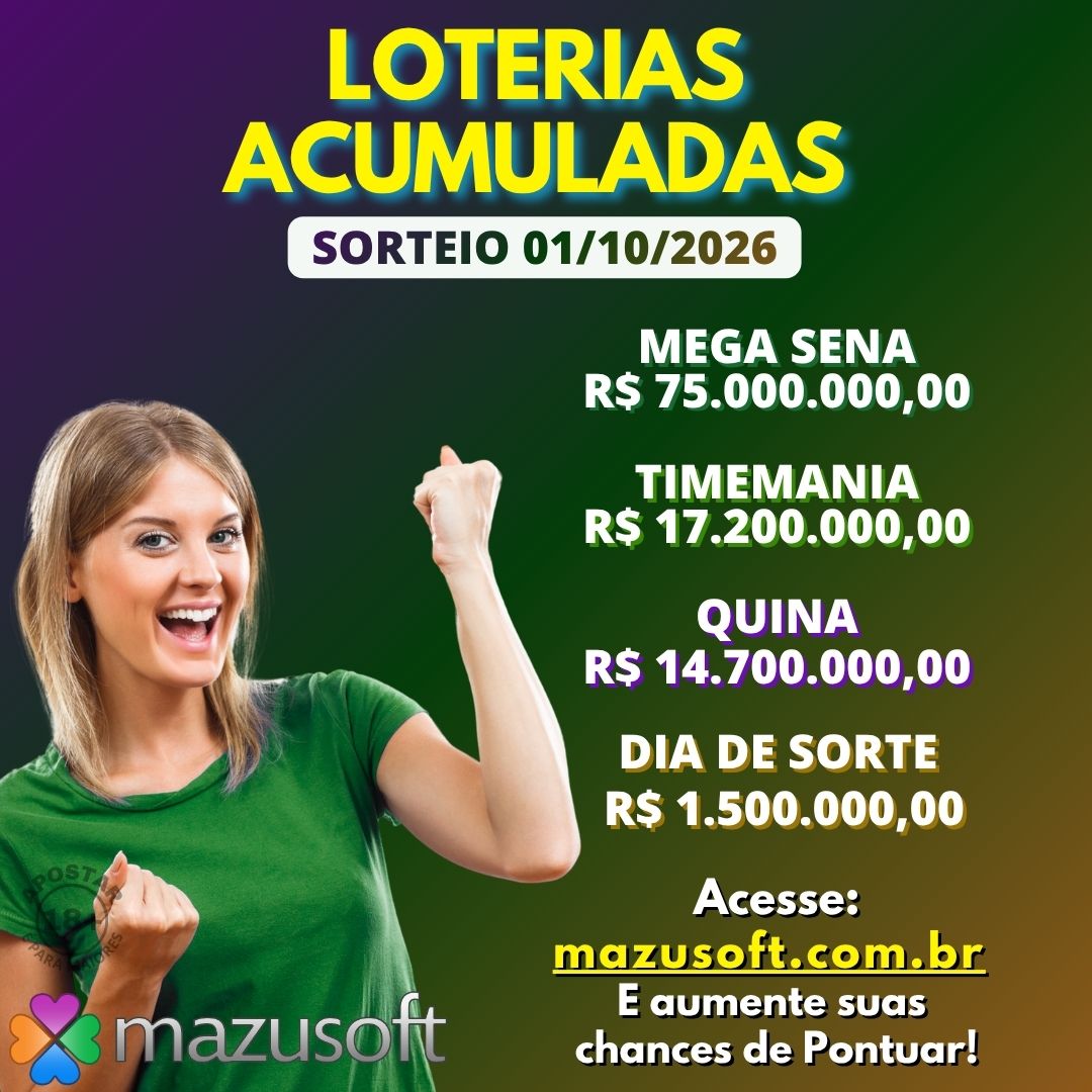 MazuSoft1's tweet photo. Acumuladas com Sorteio dia 01/10/2026
Mega-Sena, Quina, Timemania e Dia de Sorte

Acesse o Site para consultar o Comportamento dos números, e as Ferramentas de Análise Estatística e Geradores.

#acumuladas #megasena #quina
#timemania #diadesorte https://t.co/9bXuCcPkXn