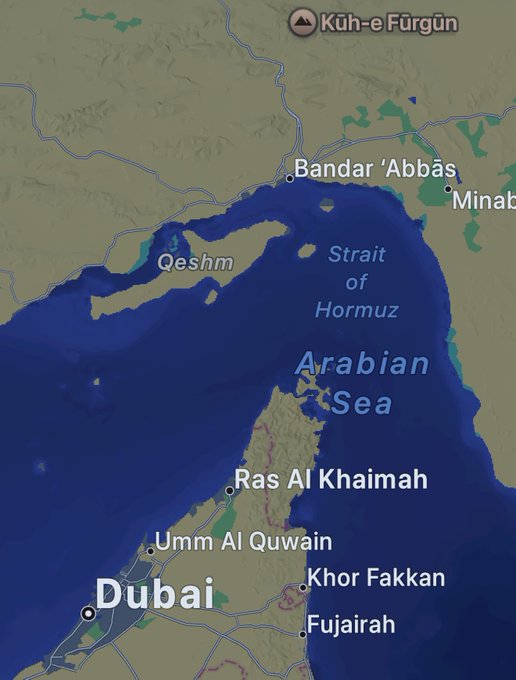 A map shows the Strait of Hormuz and Arabian Sea region, labeling cities including Qeshm, Bandar 'Abbas, Ras Al Khaimah, Umm Al Quwain, Dubai, Khor Fakkan, and Fujairah.
