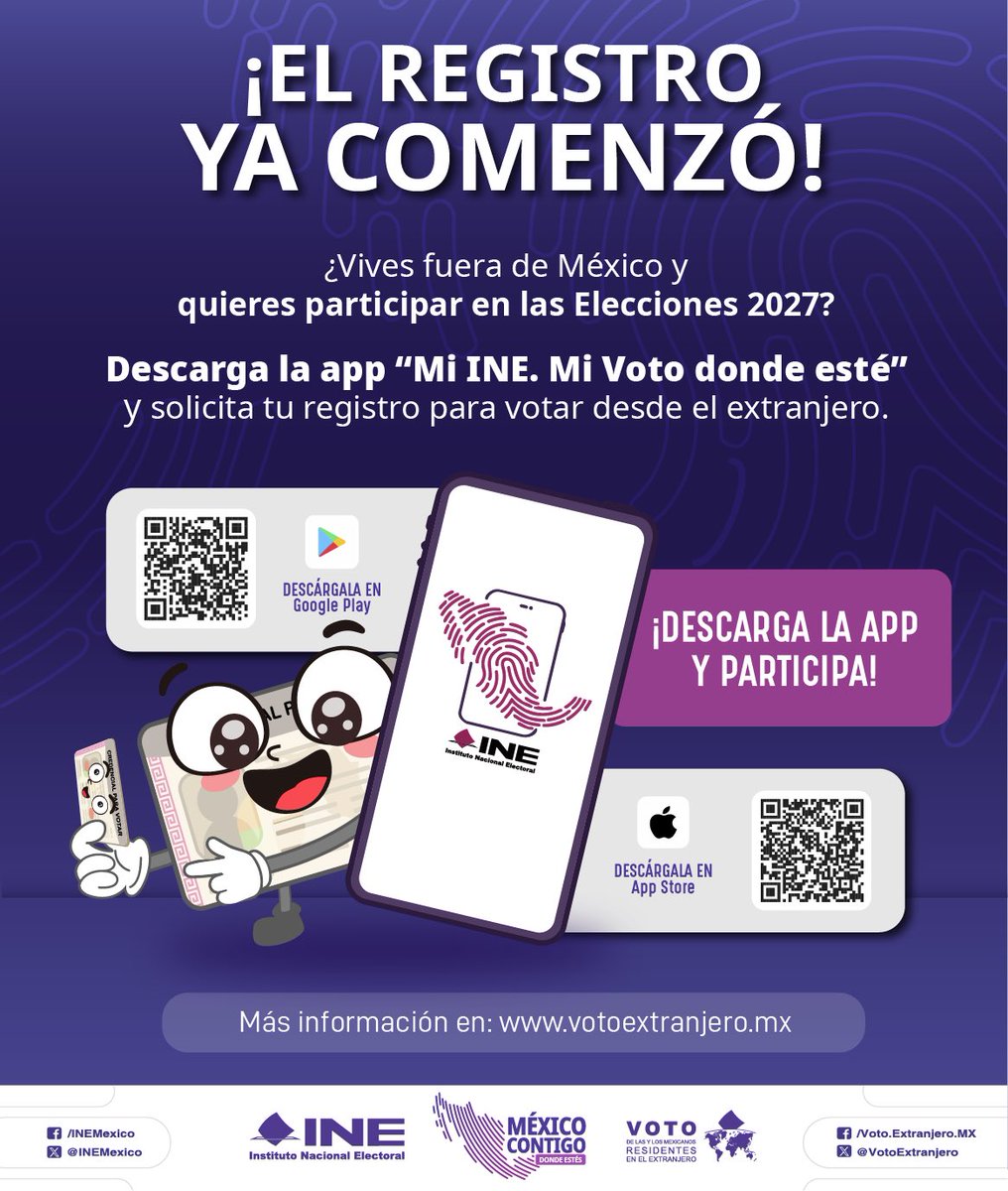 EmbaMexSing's tweet photo. ¿Vives fuera de México y quieres participar en las próximas elecciones? 

¡Regístrate antes del 25 de febrero de 2027! 🗳

#VotoExtranjero #INEMéxico https://t.co/uzEcsWrtEG