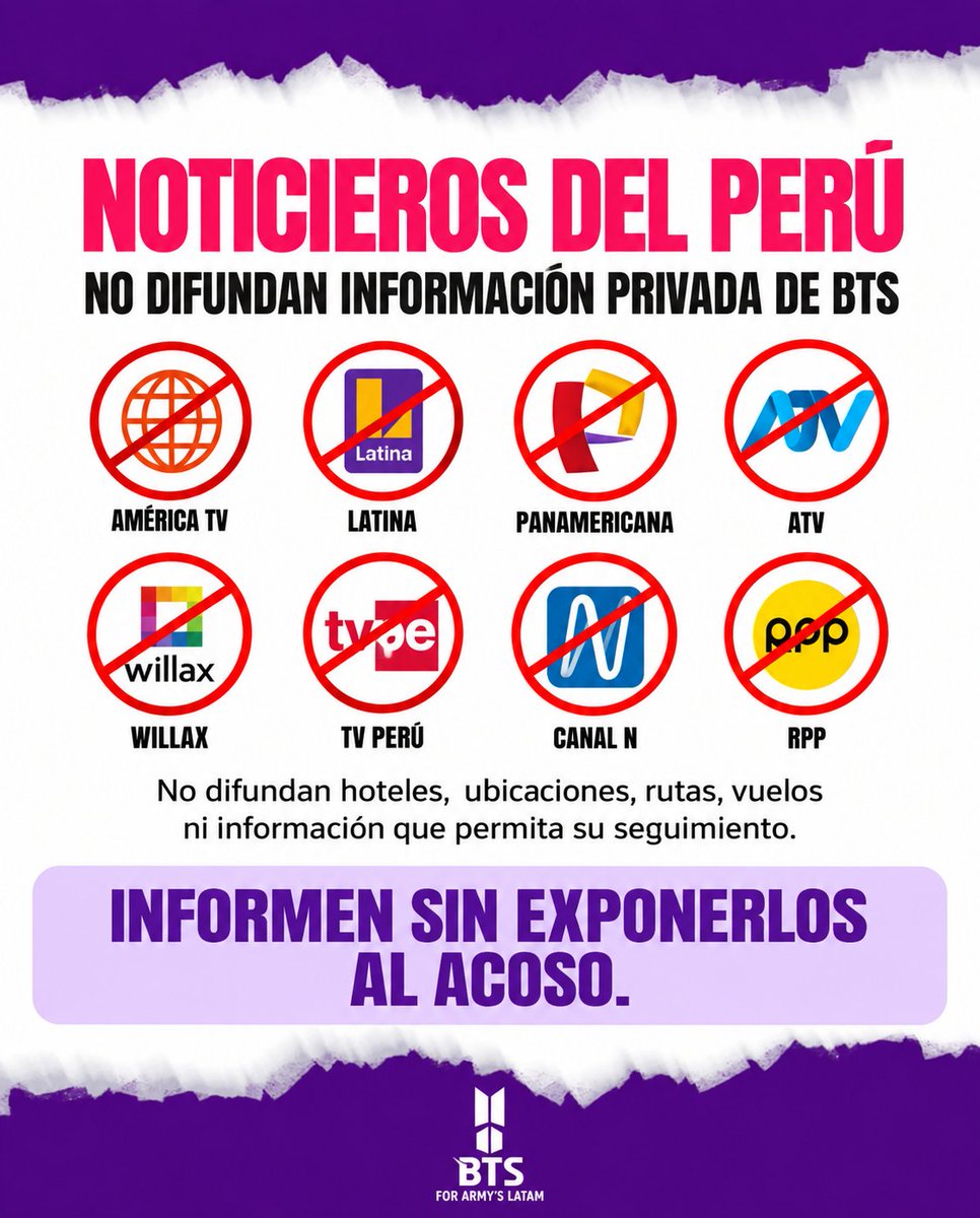 vodkchifa's tweet photo. Armys, cuando los chicos lleguen a Perú no los acosen, pero lo que más exijo es que los noticieros que no expongan sus ubicaciones, hoteles ni movimientos privados. Difundir esa información es facilitar el acoso y poner en riesgo su seguridad. Sean consientes
#BTSEnPeru https://t.co/Yg3xuxJl0q