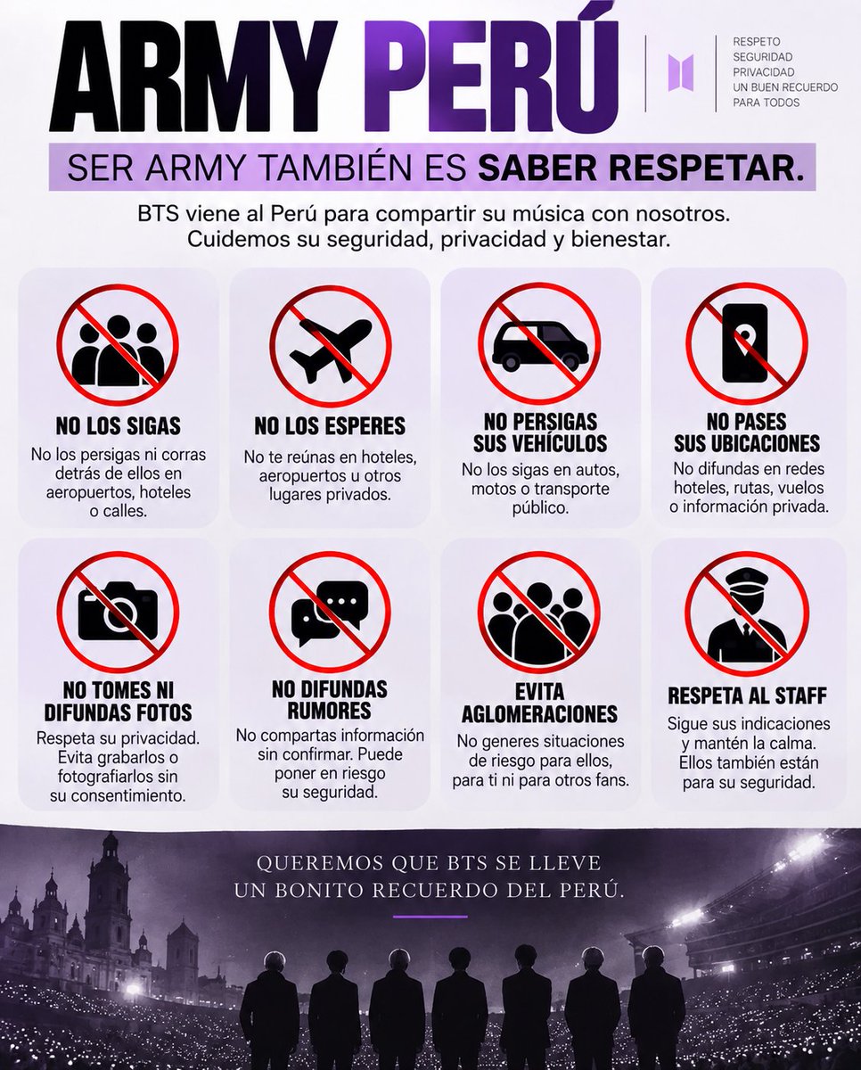 vodkchifa's tweet photo. Armys, cuando los chicos lleguen a Perú no los acosen, pero lo que más exijo es que los noticieros que no expongan sus ubicaciones, hoteles ni movimientos privados. Difundir esa información es facilitar el acoso y poner en riesgo su seguridad. Sean consientes
#BTSEnPeru https://t.co/Yg3xuxJl0q