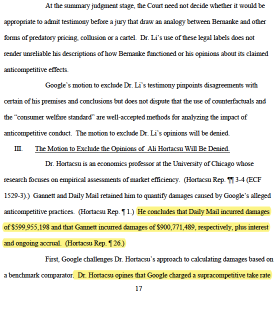 jason_kint's tweet photo. Good news, bad news in Google-accountability tonight.
First, good: antitrust adtech case survived nearly all summary judgment motions. 1st peek at damages shows two pubs alone at $1.5B (this gets tripled), AdX class at $1.7B, and still unpacking auction rigging effects. 1/2 https://t.co/K9ooqrI6e1
