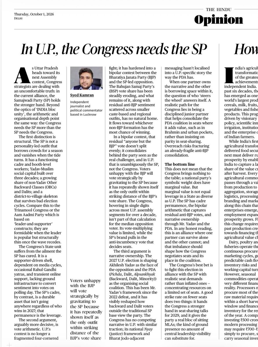 kamranhusain_'s tweet photo. My piece in The Hindu today on why the Congress needs the SP more than the other way around.

I've backed it with a few core arguments; structural strength, vote arithmetic, and narrative ownership (couldn't fit them all due to the word limit).

https://t.co/GEbWt9y4Od https://t.co/iPNSOlGbBn