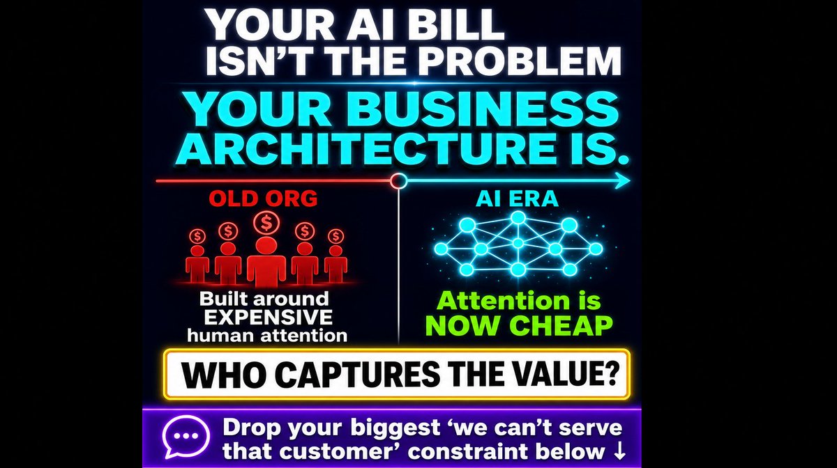 LawtonSolution's tweet photo. Your AI bill isn't the problem.

Your business architecture is.

Old orgs were built around expensive human attention.

AI makes attention cheap.

So the real question:

Who captures the value?

Drop your biggest "we can't serve that customer" constraint below. https://t.co/mxV7TSjXnV