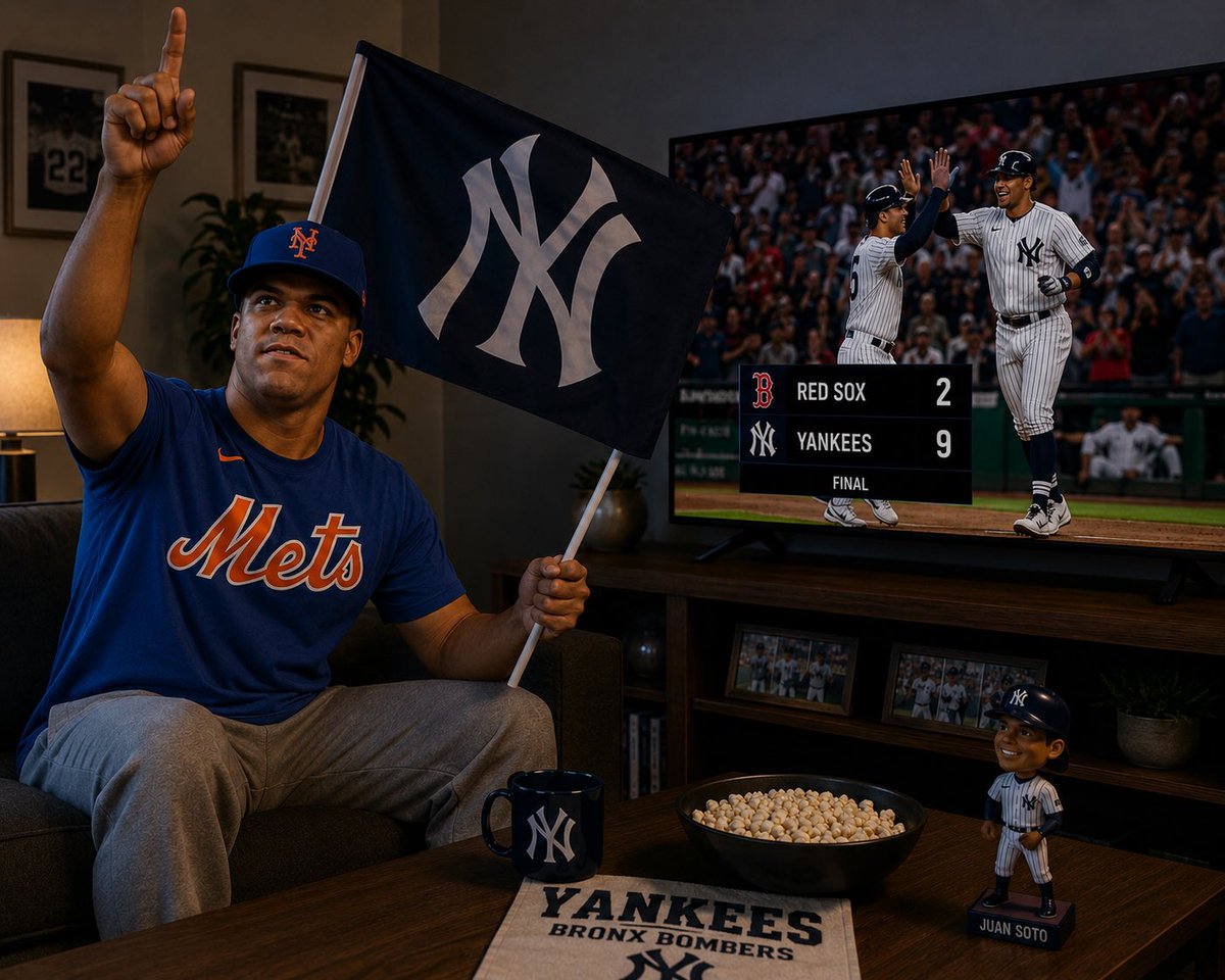 Cologniano's tweet photo. @JeffPassan Even Juan Soto is rooting for the Yankees from his living room! https://t.co/7DsGBCbmAf