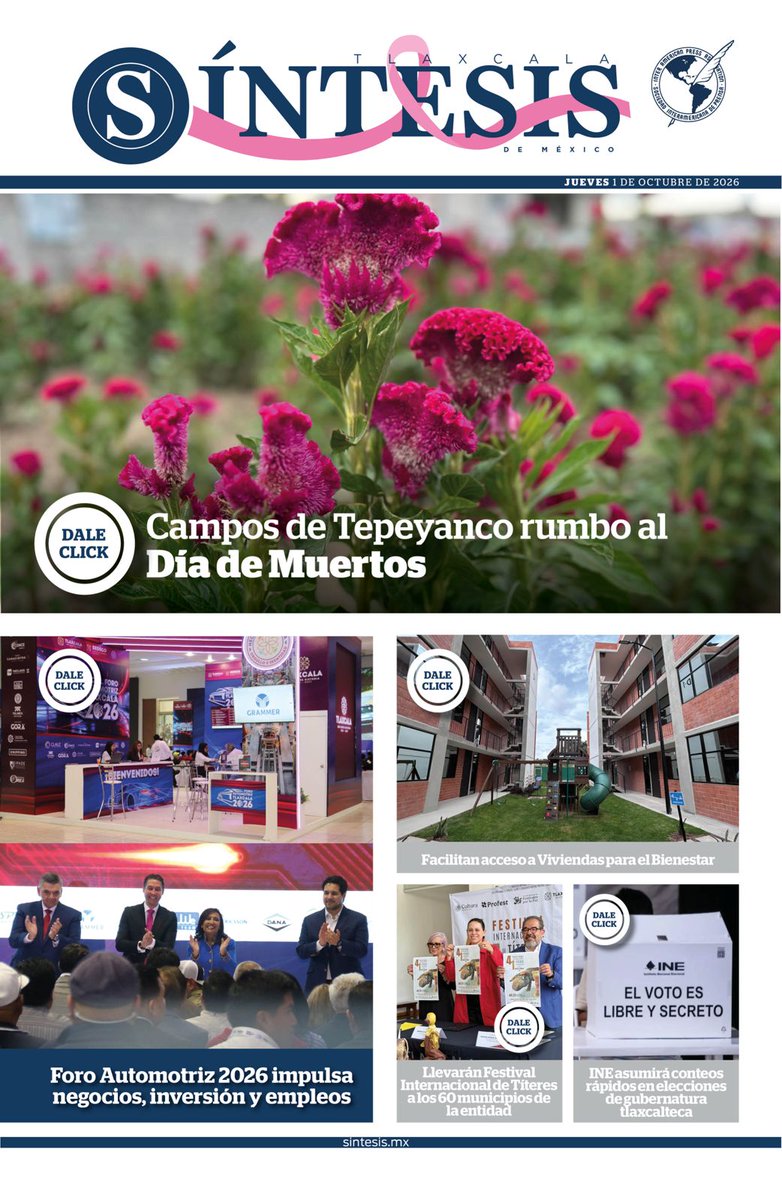 TlaxSintesis's tweet photo. Las noticias en Síntesis:
https://t.co/O9Hkxr345o

🏵️ Campos de Tepeyanco rumbo al Día de Muertos

🎒 ONU propone programa de empleo para migrantes

❗ ONU exige protección a Madres Buscadoras en México

🕊️ Muere Jorge Kahwagi

⚽ Cristiano Ronaldo abandona a Portugal

Nuestro periódico digital:
📲 https://t.co/jUHt5WNbka