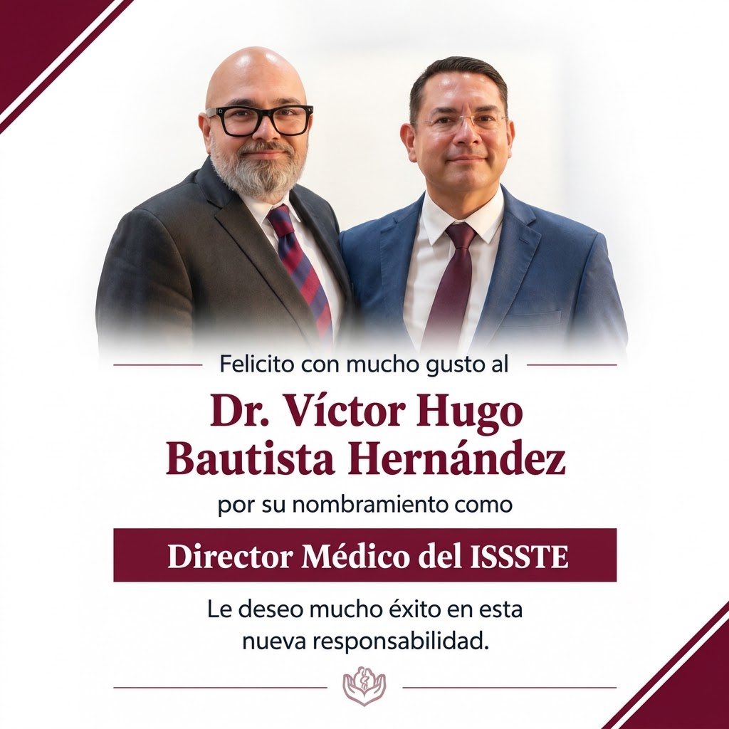 RockAvilaISSSTE's tweet photo. Felicito con mucho gusto al Dr. Víctor Hugo Bautista @DrVH_Bautista_ por su nombramiento como Director Médico del @ISSSTE_mx 

Le deseo el mayor de los éxitos en esta nueva encomienda, con la certeza de que su experiencia y compromiso contribuirán al fortalecimiento de los servicios de salud para nuestra derechohabiencia.

¡Enhorabuena Dr. Bautista! 🙌🏼