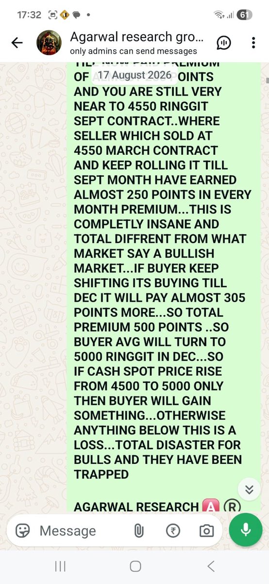 Goodvib75002247's tweet photo. ON 17 AUG I MAKE MY CLIENTS UNDERSTAND THE #PALMOIL SCAM AND TOLD THEN THAT #PALMOIL BULLS HAVE NOTHING TO GAIN AND BEARS NOTHING TO LOOSE...BEARS EATEN EVERY MONTH PRICE PREMIUM WHICH BULLS PAID..SO ULTIMATE WINNERS WERE HEDGERS AND BEARS
https://t.co/enoLV2cpwC https://t.co/HZPaDqUiOT