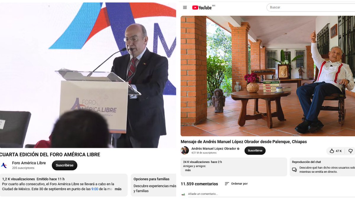 ManuelGaleazz1R's tweet photo. 🔥 ¡Brutal contraste entre las audiencias digitales de dos expresidentes!

Hoy reaparecieron en redes #FelipeCalderón y #AMLO, y la diferencia en la respuesta de sus respectivas audiencias resulta notable. 📊👀

A 11 horas de que @FelipeCalderon difundiera en #YouTube su discurso durante el derechista Foro América Libre, en el que describió un panorama crítico para México y habló incluso de una supuesta deriva hacia la dictadura, el video registraba apenas 1,234 visualizaciones, 60 likes y cero comentarios. 😶📉

En contraste, durante las primeras dos horas de publicación del mensaje de #AMLO (@lopezobrador_), dedicado a su libro Pueblo —en el que hizo un recorrido histórico por las transformaciones del país, habló sobre el balance de su sexenio y presentó su nueva obra—, la transmisión acumulaba 30,586 visualizaciones, 48 mil likes y 11,724 comentarios. 📚🇲🇽📈

⚡ Más allá de las diferencias en el contenido de ambos mensajes, los números muestran una brecha muy marcada en la interacción digital registrada en esos momentos.

📲 ¿Estamos ante una señal del peso que conservan distintas audiencias políticas en redes y canales alternativos?