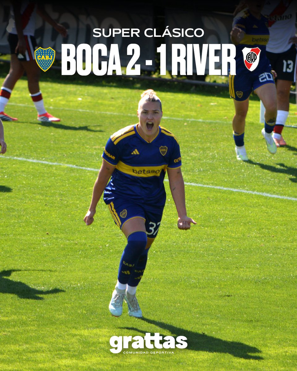 GrattasOk's tweet photo. BOCA SE LLEVÓ EL SUPERCLÁSICO 💙💛 Las gladiadoras le ganaron 2-1 a River. El marcador lo abrió Julieta Lema para Boca a las 25' Luego apareció Mercedes Diz y sobre el final cuando parecía que el encuentro estaba cerrado, apareció la goleadora histórica de Boca Andrea Ojeda. https://t.co/zeLImTjEIS