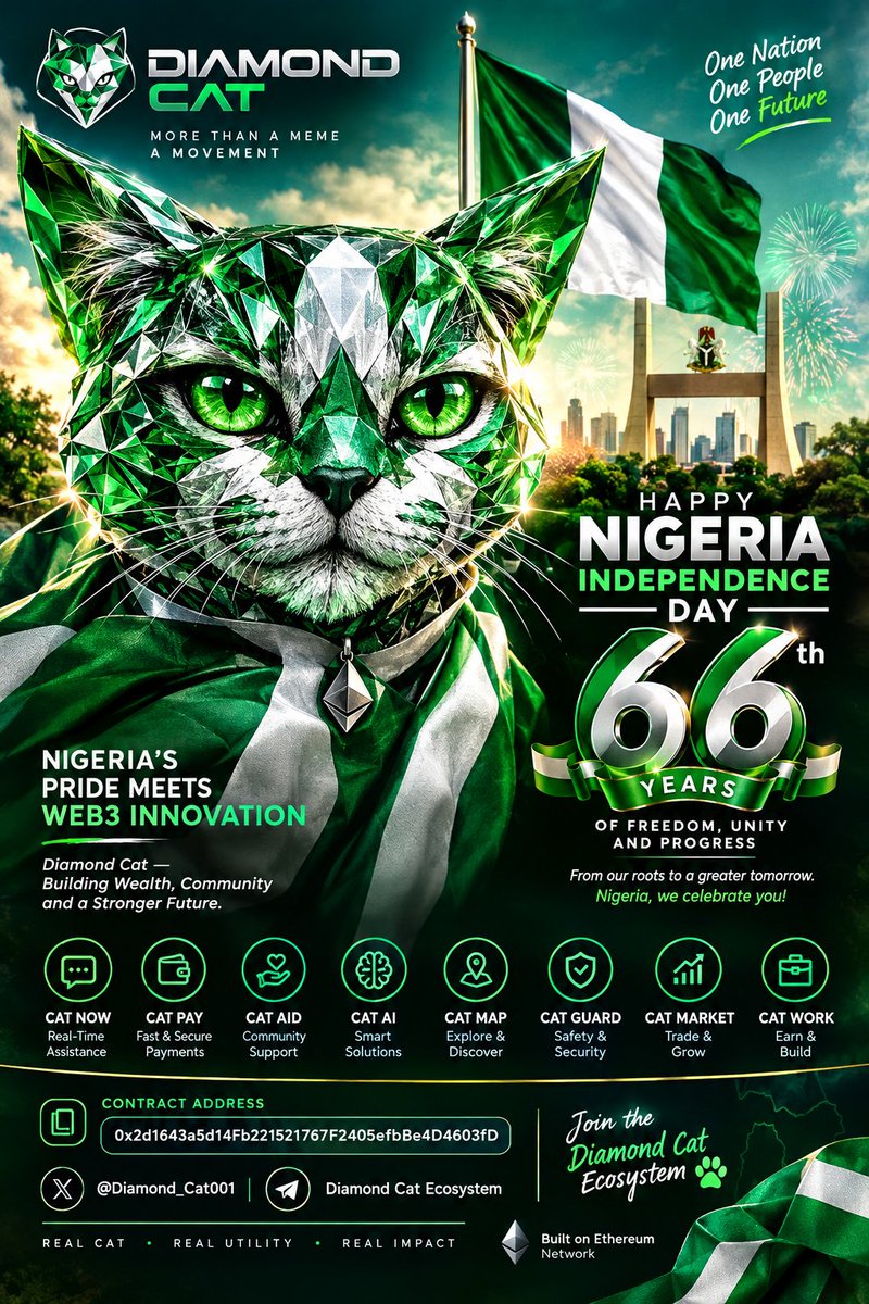Diamond_Cat001's tweet photo. From Nigeria 🇳🇬 to the world 🌍
Diamond Cat 🐱💎 is building a global crypto community around $DCAT on Ethereum.
The vision is bigger than a single market.
The journey starts here.
CA: 0x2d1643a5d14Fb221521767F2405efbBe4D4603fD
Happy Independence Day 9ja
#DiamondCat https://t.co/8wF41Pw9MP