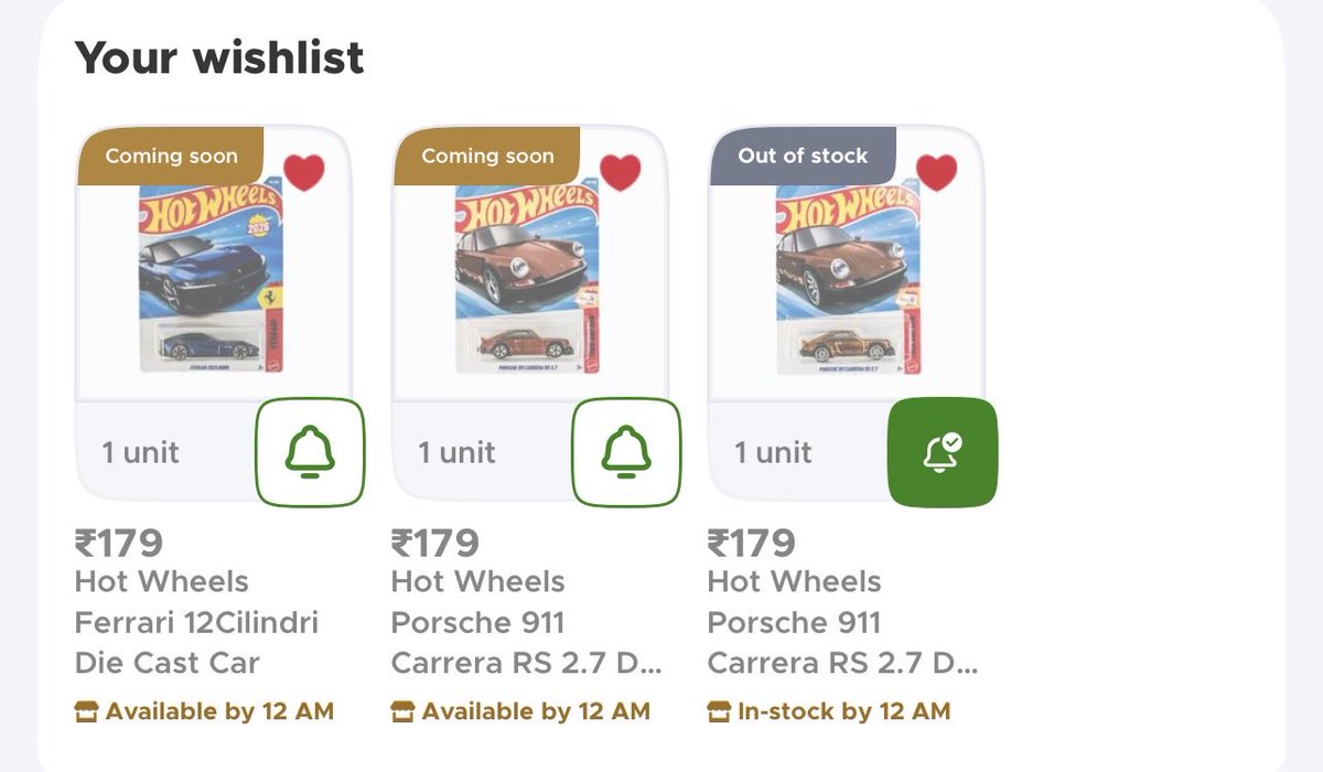 varunndabhade1's tweet photo. @letsblinkit this is really disappointing. I saw the Hot Wheels STH Porsche 911 listed as “Coming Soon” for 421201, but later it was already Out of Stock—while other cars weren’t even listed.
This pattern keeps happening. Please investigate your Hot Wheels inventory/backend https://t.co/GcLPDCGle6