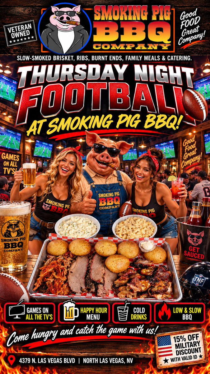 SmokingPigBBQCo's tweet photo. 🏈🔥 THURSDAY NIGHT FOOTBALL AT THE PIG! 🔥🏈
Catch the game on ALL the TVs while you dig into our Happy Hour Menu, cold drinks & Low & Slow Smoked BBQ! 🍖🍻
Come hungry. Grab a seat. Watch football the way it should be watched! 🐷🔥🏈
#SmokingPigBBQ #ThursdayNightFootball #LowAndSlow #HappyHour #VegasBBQ