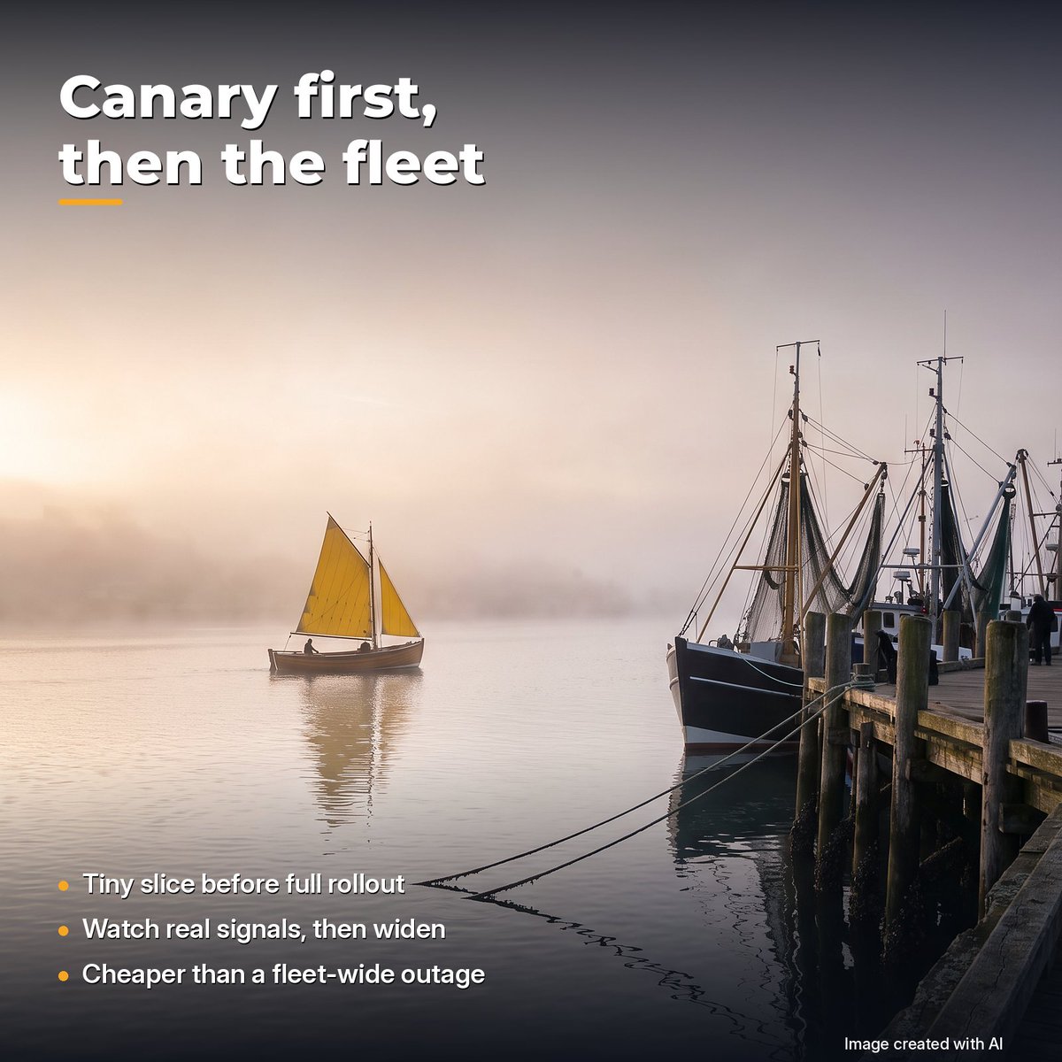 manukeerampanal's tweet photo. Canary first, then the fleet.

Roll to a tiny slice. Watch real signals. Widen only when it’s safe.

A contained miss beats a fleet-wide outage every time.

#PlatformEngineering #SRE

Image created with AI https://t.co/nY2spshYdQ