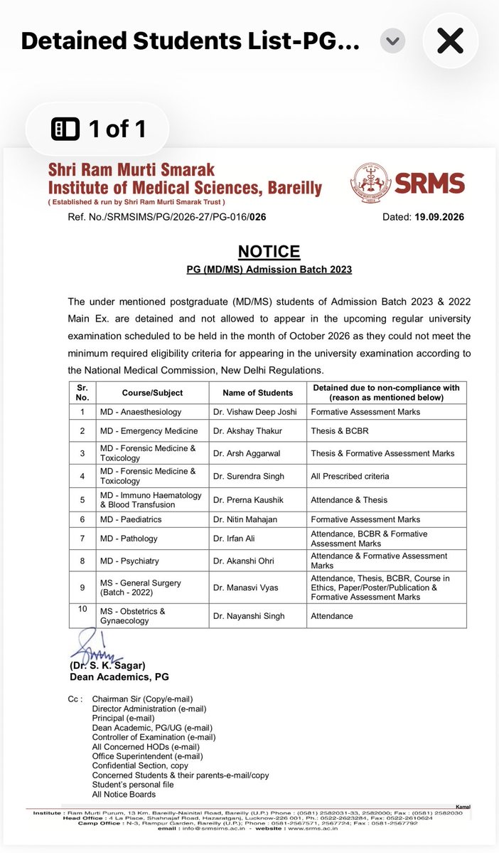 drsanagg's tweet photo. @UDF_BHARAT @VishnuRajgadia @drlakshyamittal @_Drbenny_ sir mer ho chuka hai my son dr arsh has been given grounds for detention thesis and formative assessment where as nmc rule says otherwise so college people hardly care for these rules .this rule prevails since2023 but still two or three resident has been detained in srms .#udf https://t.co/g8d4GdIQlY