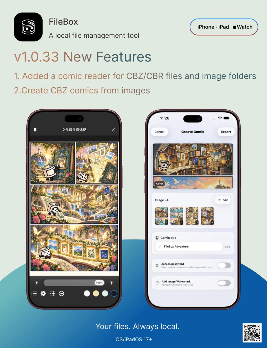 JJDogegg's tweet photo. Filebox v1.0.33 new features 
1. Added a comic reader for CBZ/CBR files and image folders, with two-page layouts and continuous scrolling.
2. Create CBZ comics from images, with password protection and watermarks. https://t.co/6ij6cRztZT