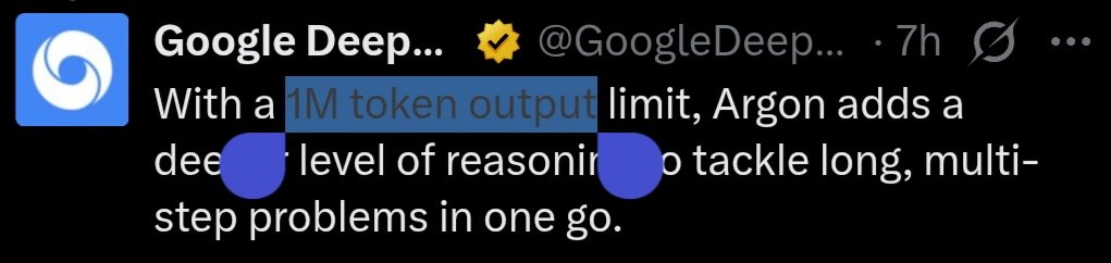 Nithin_C___'s tweet photo. Gemini 4 Argon 

A 1M token output limit.

Think about that for a second.

That’s potentially 100K+ lines of code in a single generation.

This is getting genuinely insane. https://t.co/x5mgQT9oXV