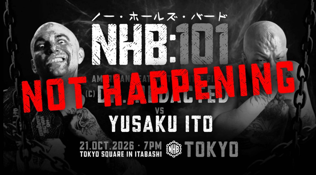 NHBTheChains's tweet photo. 【選手欠場のお知らせ】
NHB:101に参戦を予定しておりました伊東優作選手が負傷により欠場期間に入る為、本大会を欠場することとなりました。
楽しみにされていた皆様には大変申し訳ございませんが、ご理解くださいますようお願い申し上げます。
変更・追加参戦選手等に関しては決定次第発表させて頂きます。