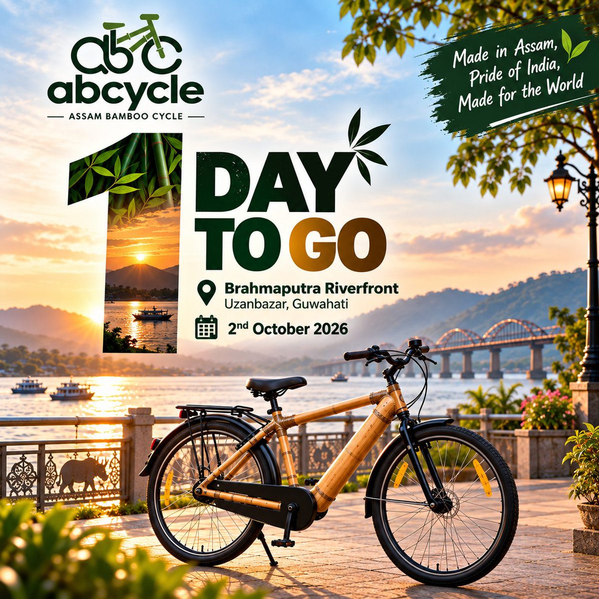 bambooindia's tweet photo. The countdown is almost over!
Tomorrow, the Assam Bamboo Cycle arrives at the Brahmaputra Riverfront, Uzanbazar, Guwahati. 

2nd October 2026.
Made in Assam. Pride of India. Made for the World. 🇮🇳

#AssamBambooCycle  #1DayToGo #MadeInAssam #BambooInnovation  #Guwahati https://t.co/ikxXkuTwHJ