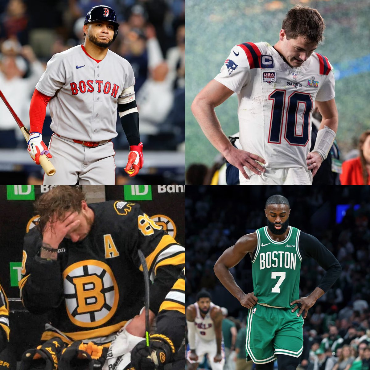 iinangelo's tweet photo. Boston Sports in the last year:

Red Sox Lost to Yankees in the Wild Card Twice
Patriots Lost to Seahawks in the Super Bowl
Bruins Lost to Sabers in the First Round of the Playoffs
Celtics Lost to 76ers in the First Round after blowing a 3-1 Lead and Jaylen Brown got traded https://t.co/osvY3GCeyH