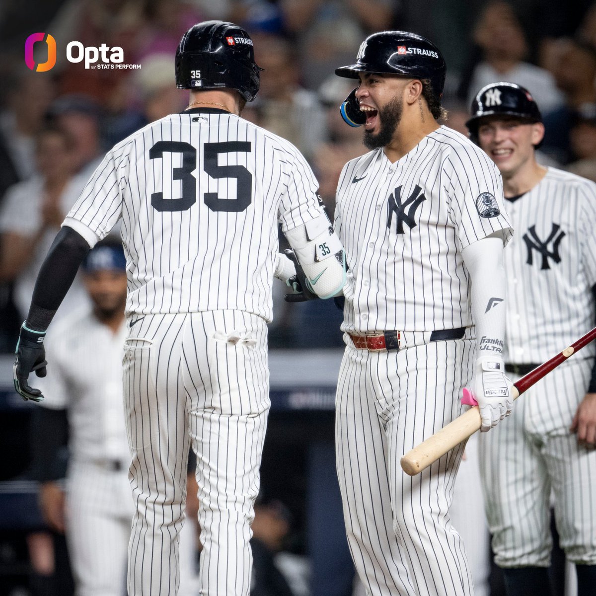 OptaSTATS's tweet photo. The @Yankees are the first team in MLB history to score at least 90% of the runs in a postseason series (min. 20 total runs). https://t.co/ckZNp7MsA3