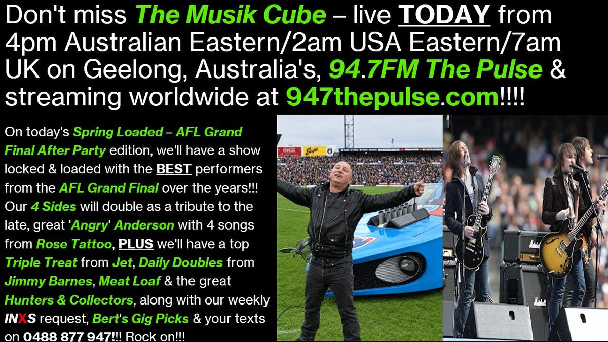 AJBrady_Sports's tweet photo. .@TheMusikCube - live TODAY at 4pm Australian Eastern/2am USA Eastern/7am UK on @947ThePulse, https://t.co/T2niG6EMbi &amp; via the #CommunityRadioPlus &amp; @TuneIn apps!
#SpringLoaded - #AFLGrandFinalAfterParty edition.
#4Sides - @RoseTattoo1976.
#TripleTreat - @JetTheBand.
Plus MORE! https://t.co/PUipHyA6oY