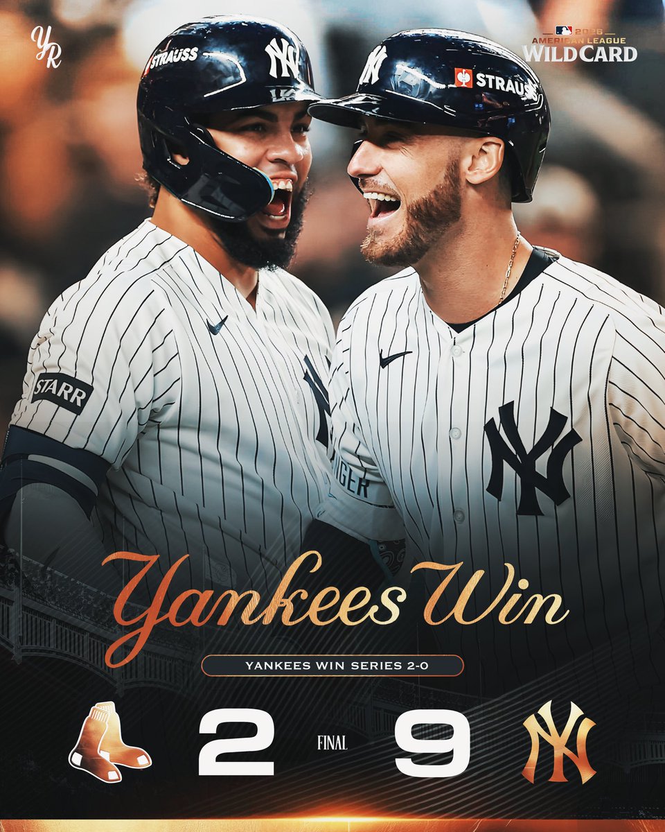 YankeeReport_'s tweet photo. THE YANKEES ELIMINATE THE RED SOX IN THE WILD CARD SERIES FOR THE SECOND STRAIGHT SEASON. 18-2. UTTER DOMINATION. BRING ON THE RAYS. 🍾 https://t.co/VsdQwe9aMX