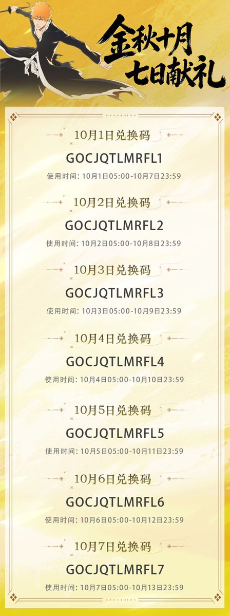 Kakutvd's tweet photo. Bleach Soul Resonance
CODE for SEA/CN
 GOCJQTLMRFL1
GOCJQTLMRFL2
 GOCJQTLMRFL3
GOCJQTLMRFL4
GOCJQTLMRFL5
GOCJQTLMRFL6
GOCJQTLMRFL7 https://t.co/f5U8E3BmeL