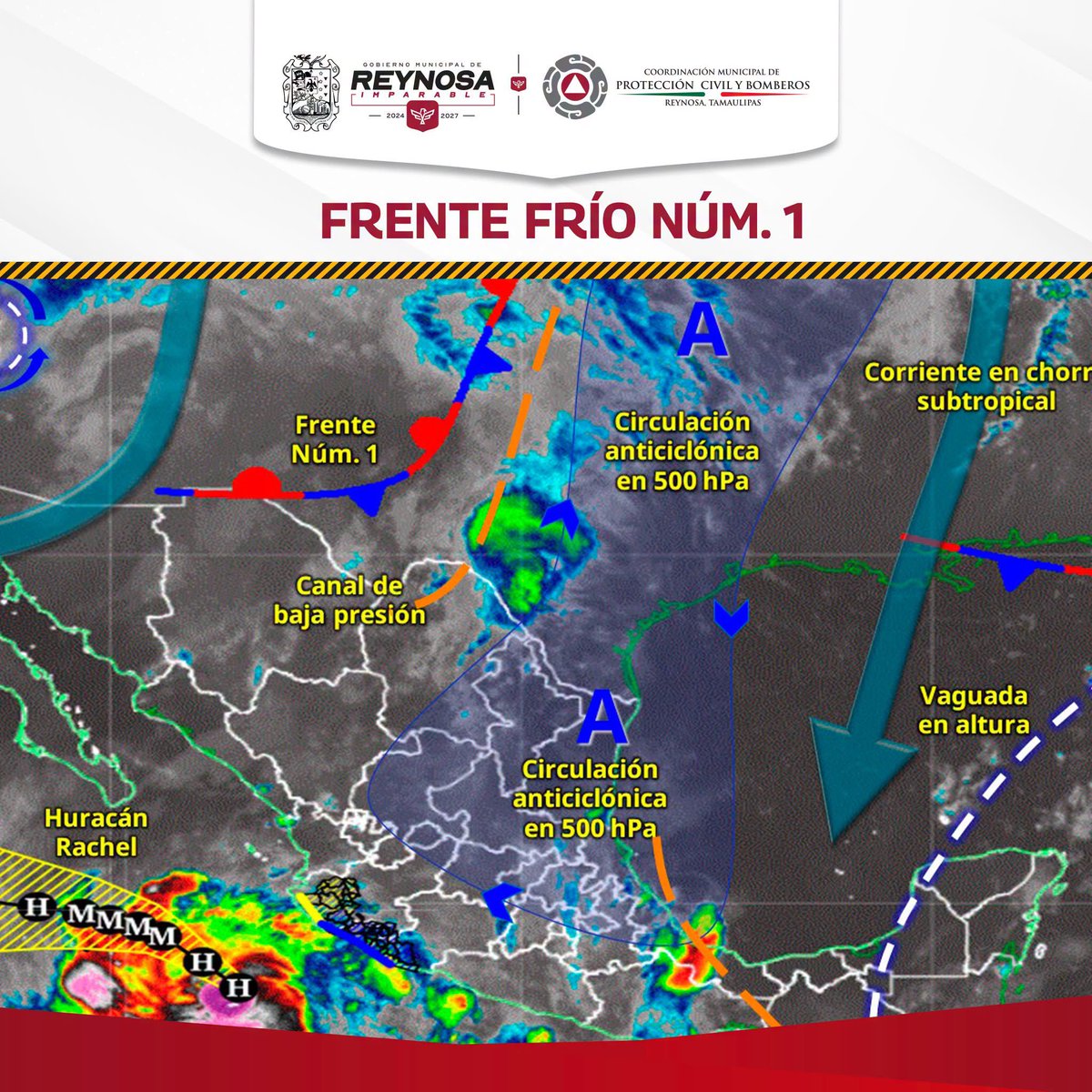 dominguez_migue's tweet photo. ENTRARÁ MAÑANA FRENTE FRÍO NÚMERO 10
Afectará poco a Reynosa 

Reynosa.- El Frente Frío No. 1 recorrerá el norte y, gradualmente, el noreste del país, interactuando con una circulación ciclónica en niveles medios y altos de la atmósfera y la corriente en chorro subtropical.

Estas condiciones favorecerán lluvias puntuales intensas en Tamaulipas, con mayor intensidad hacia el suroeste del estado, además de tormentas eléctricas en la frontera norte y los llanos de San Fernando.

Ante estas condiciones, que se presentarán a partir del jueves 1 de octubre, se recomienda a la población mantenerse atenta a los avisos oficiales y tomar medidas de prevención ante posibles encharcamientos y actividad eléctrica.

La prevención comienza con estar informados.
Protección Civil y Bomberos exhorta a la ciudadanía a mantenerse alerta y seguir las recomendaciones de las autoridades.