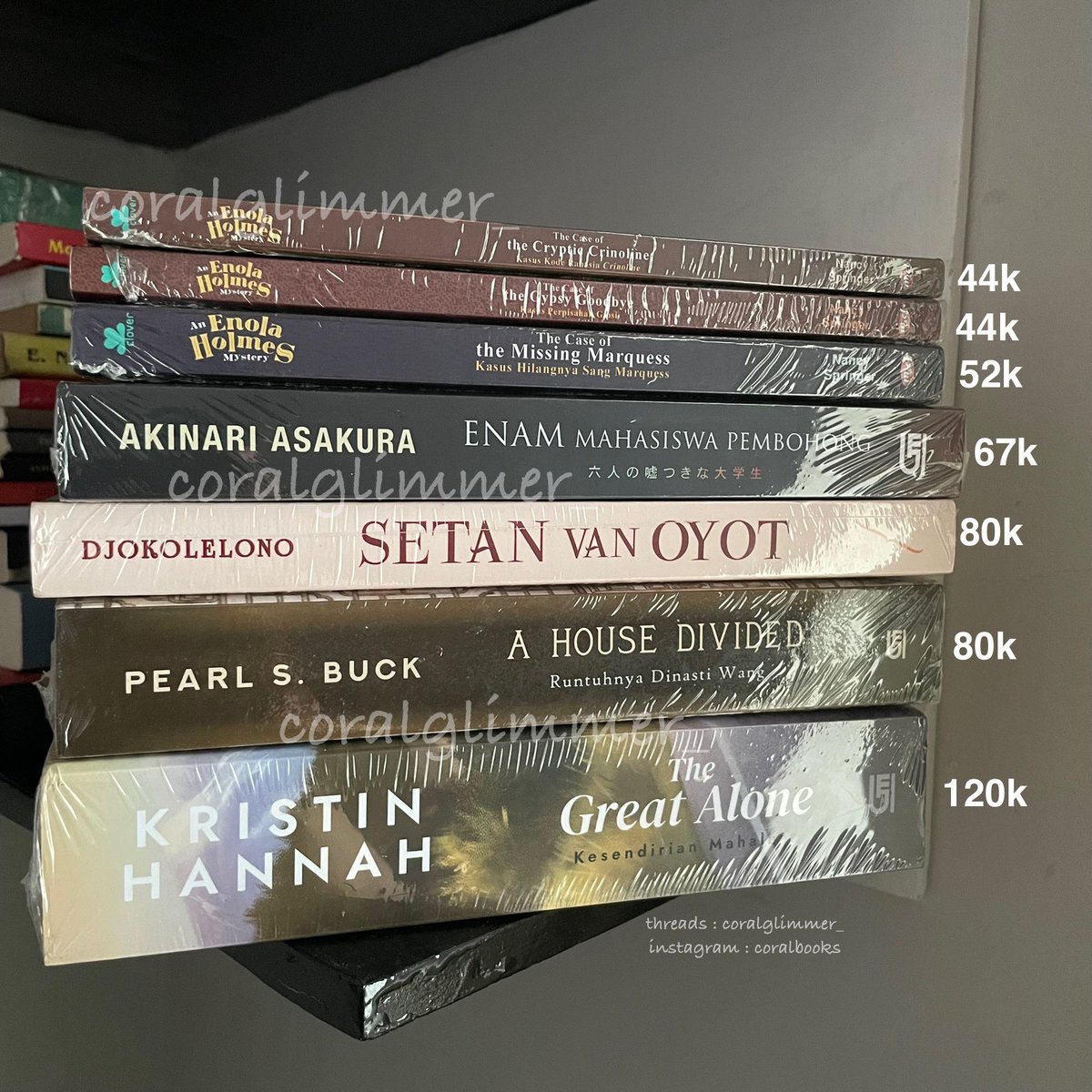corallecr's tweet photo. marii yang nyari
enam mahasiswa pembohong
enola holmes (take all enola 135k)
setan van oyot
a house divided 
the great alone

semuanya new sealed yaa
pengiriman via 🍊 (freeong)
minat bisa langsung dm saja yaa🤗￼ https://t.co/qpo9B3r8Ta