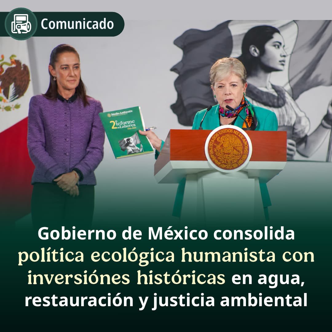 SEMARNAT_mx's tweet photo. 📄 #COMUNICADO | Gobierno de México consolida política ecológica con inversión histórica en agua, restauración de ecosistemas y justicia ambiental.

➡️ https://t.co/RYX1wnOljX
#SomosMedioAmbiente https://t.co/cnmLbLftto