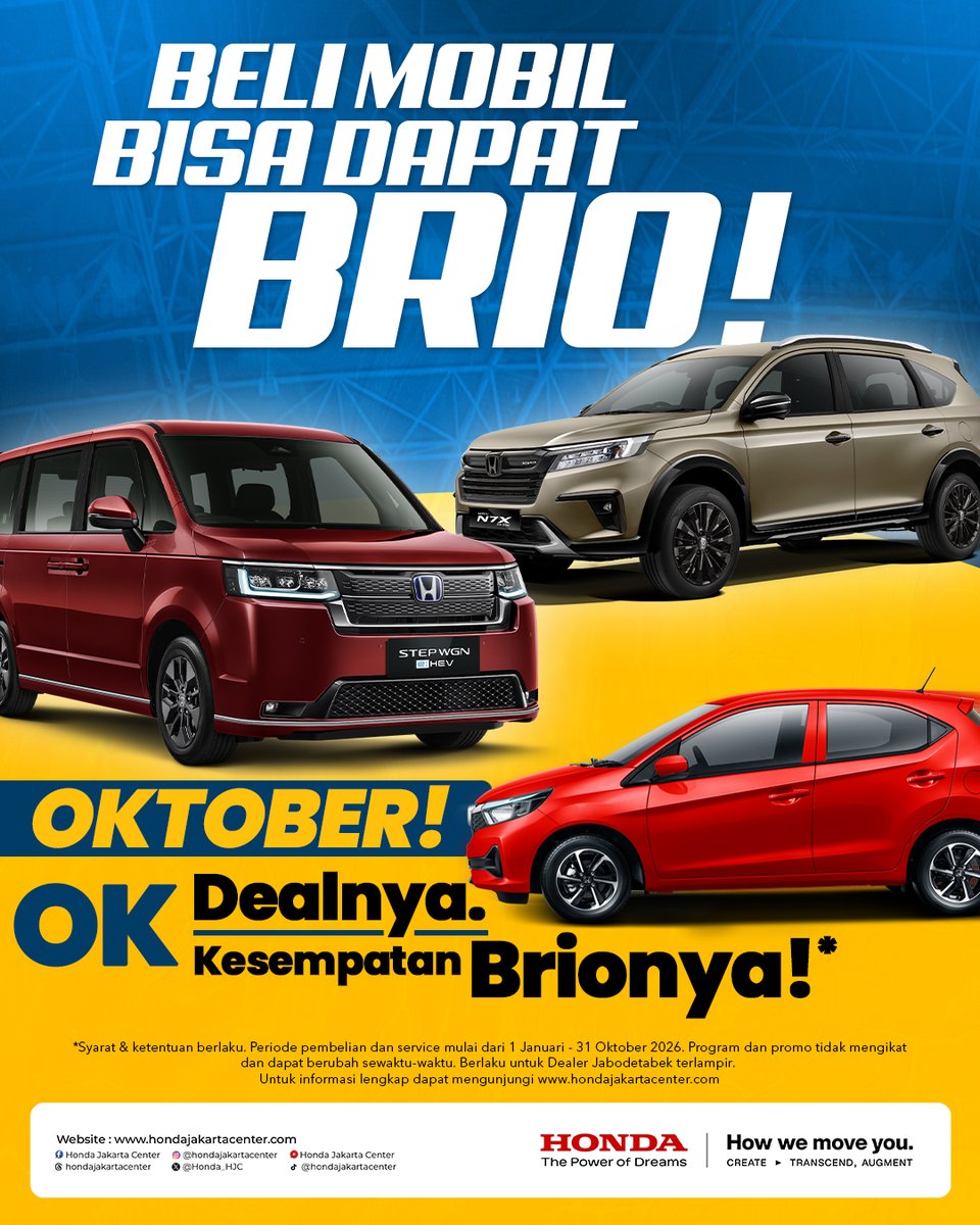 Honda_HJC's tweet photo. Beli mobil Honda impianmu atau service mobil Honda kesayanganmu sekarang juga dan dapatkan kesempatan untuk mendapatkan Honda Brio!* Segera kunjungi Dealer Resmi Honda Jabodetabek terdekat dari kediamanmu, Honda Lovers!

*Syarat &amp; ketentuan berlaku

#Honda
#HondaJakartaCenter https://t.co/tcMNn10KtB