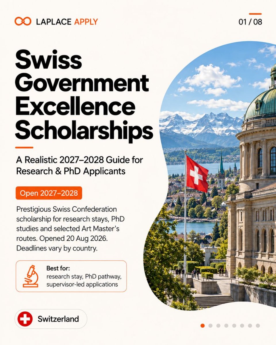 LaplaceExpert's tweet photo. 🇨🇭 Swiss Government Excellence Scholarships 2027–2028 now open! Research, PhD &amp; Art Master’s in Switzerland. Swiss Confederation funding: CHF 2,450/month + selected benefits. 180+ countries. Opens 20 August 2026; deadlines vary by country. WhatsApp: +44 7762 266914 (1/2) https://t.co/yfqPtQC5hF