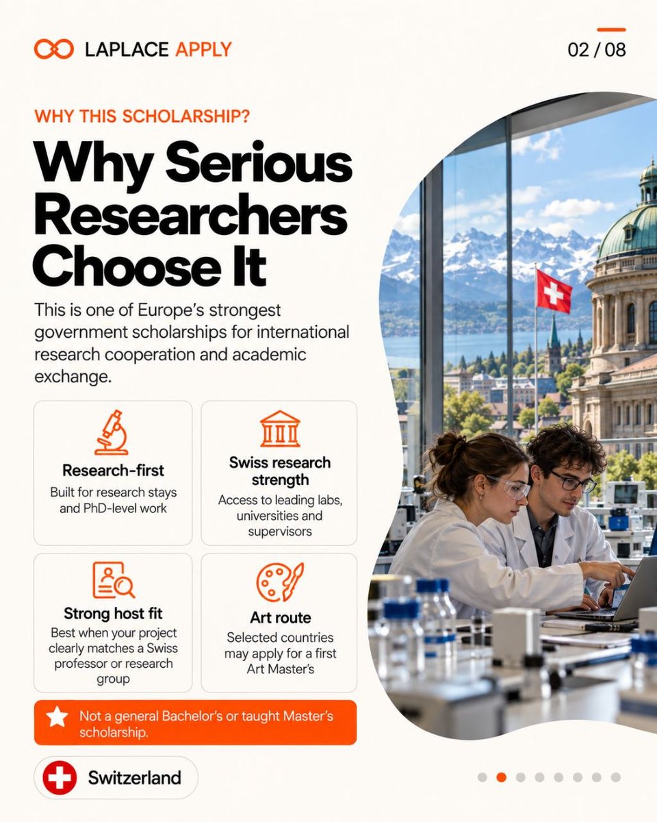 LaplaceExpert's tweet photo. 🇨🇭 Swiss Government Excellence Scholarships 2027–2028 now open! Research, PhD &amp; Art Master’s in Switzerland. Swiss Confederation funding: CHF 2,450/month + selected benefits. 180+ countries. Opens 20 August 2026; deadlines vary by country. WhatsApp: +44 7762 266914 (1/2) https://t.co/yfqPtQC5hF