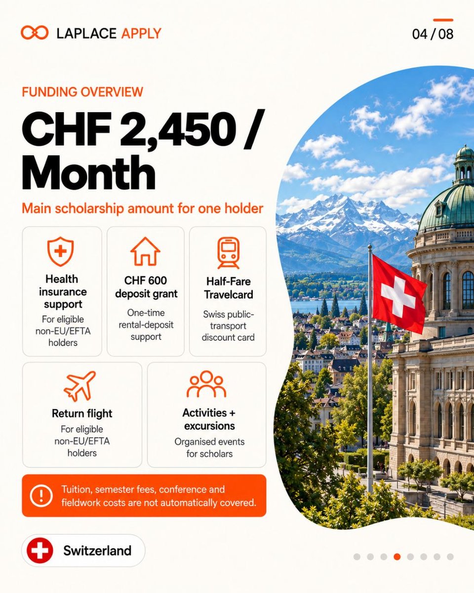 LaplaceExpert's tweet photo. 🇨🇭 Swiss Government Excellence Scholarships 2027–2028 now open! Research, PhD &amp; Art Master’s in Switzerland. Swiss Confederation funding: CHF 2,450/month + selected benefits. 180+ countries. Opens 20 August 2026; deadlines vary by country. WhatsApp: +44 7762 266914 (1/2) https://t.co/yfqPtQC5hF