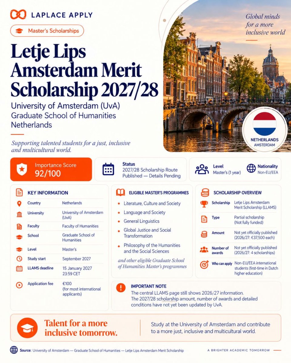 LaplaceExpert's tweet photo. 🇳🇱 University of Amsterdam LLAMS 2027/28: Humanities Master’s applicants must submit a complete application by 15 January 2027, 23:59 CET. For international non-EU/EEA applicants. Award details are not yet confirmed. WhatsApp: +44 7762 266914 https://t.co/KAD0rLwABI