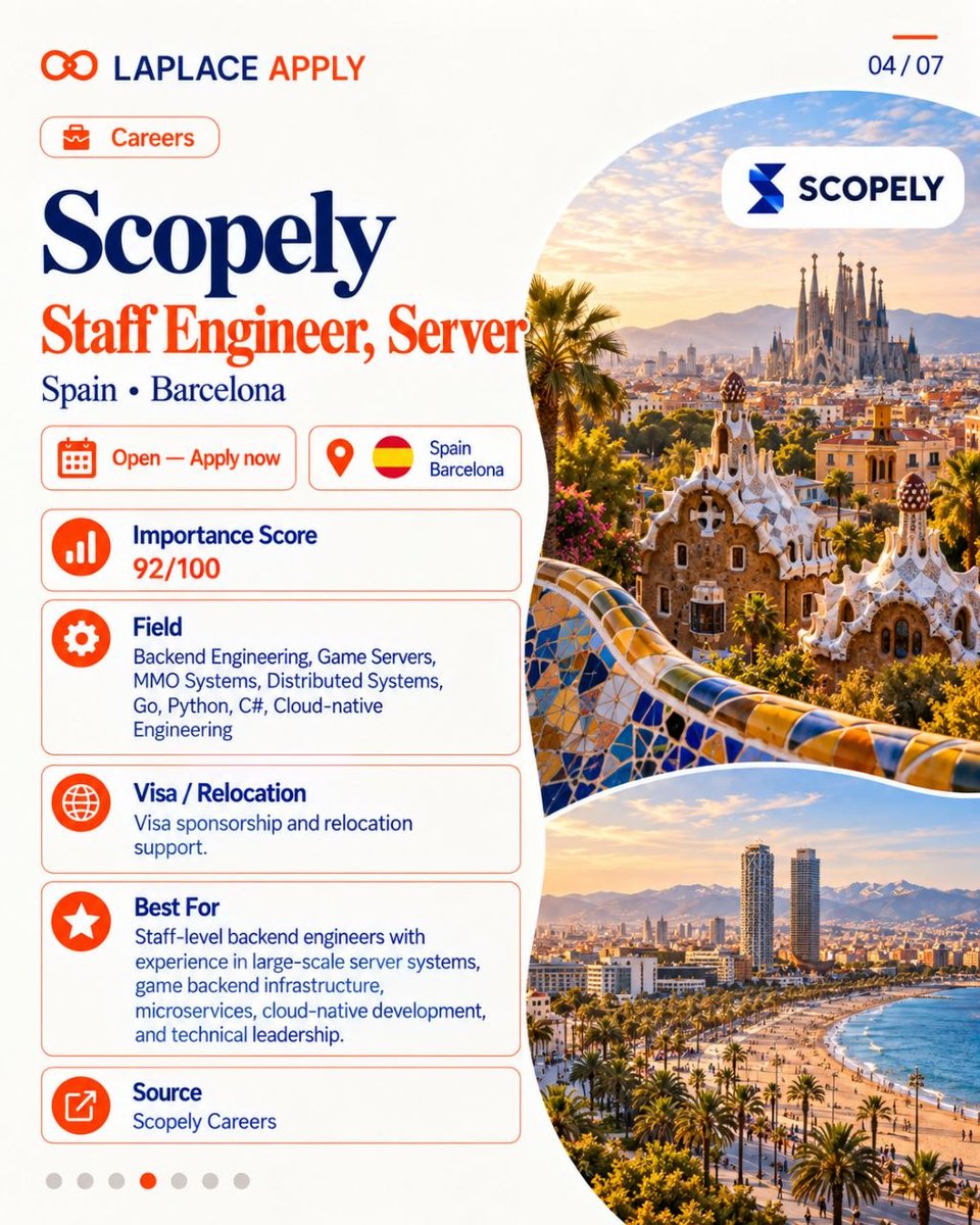 LaplaceExpert's tweet photo. 5 Europe tech jobs with visa/relocation support 💼🌍

🇳🇱 Stream: Senior Software Engineer, Amsterdam/Remote EU 
🇨🇭 Enact Intelligence: Platforms Engineer, Zürich 
🇪🇸 Scopely: Staff Server Engineer, Barcelona 
🇩🇪 Almedia: ML Engineer, Berlin/London 
🇦🇹 Sentry: Software… (1/2) https://t.co/3e9V2O638i