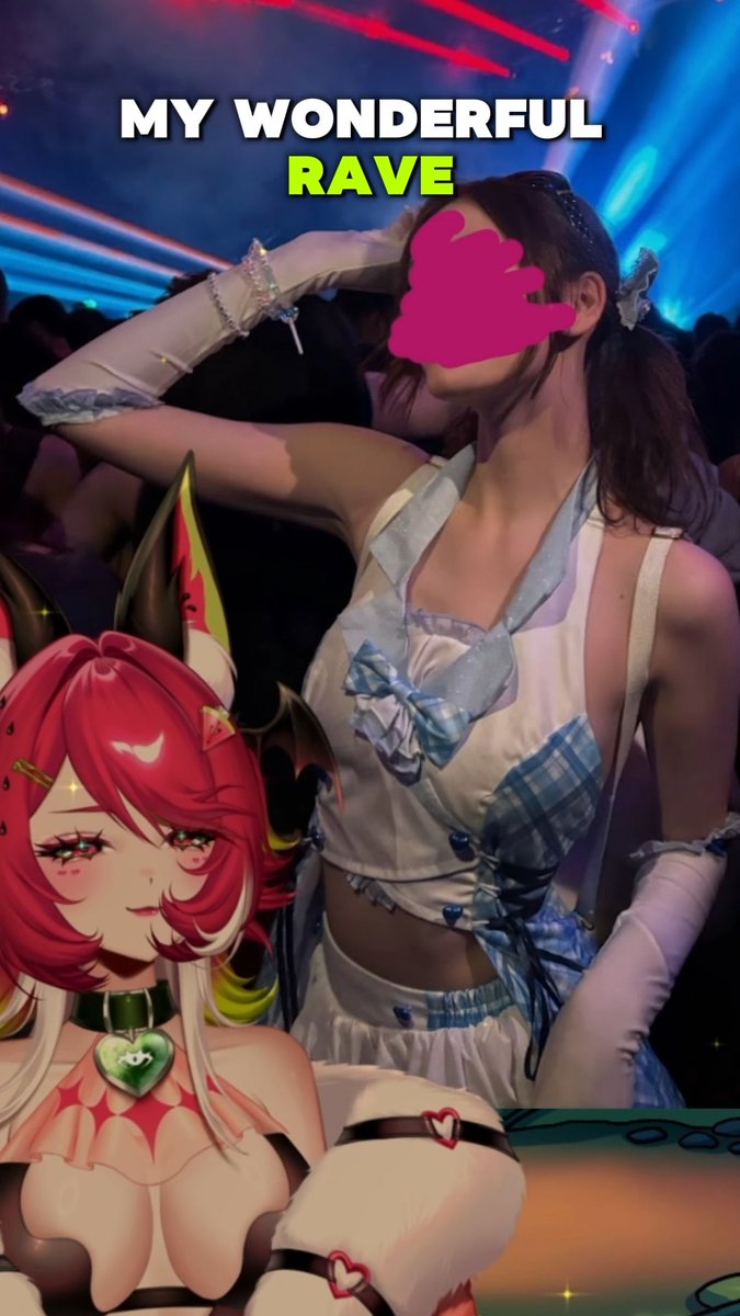 A photo from a rave captioned 'MY WONDERFUL RAVE' showing a person in a white and blue plaid outfit with a pink censor over their face, overlaid with an anime character with red hair.