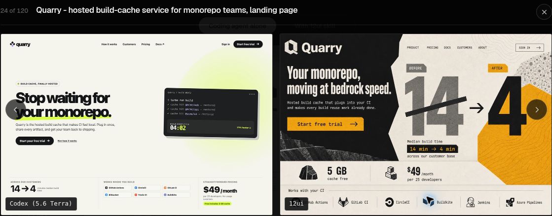 JustEveryAmy's tweet photo. Same prompt, with and without 12ui.

We put the results side by side so you can judge the difference yourself. Landing pages, dashboards, even a restaurant host stand.

Which would you actually ship?
https://t.co/PNbKQixxob https://t.co/n1h4U7a9qQ