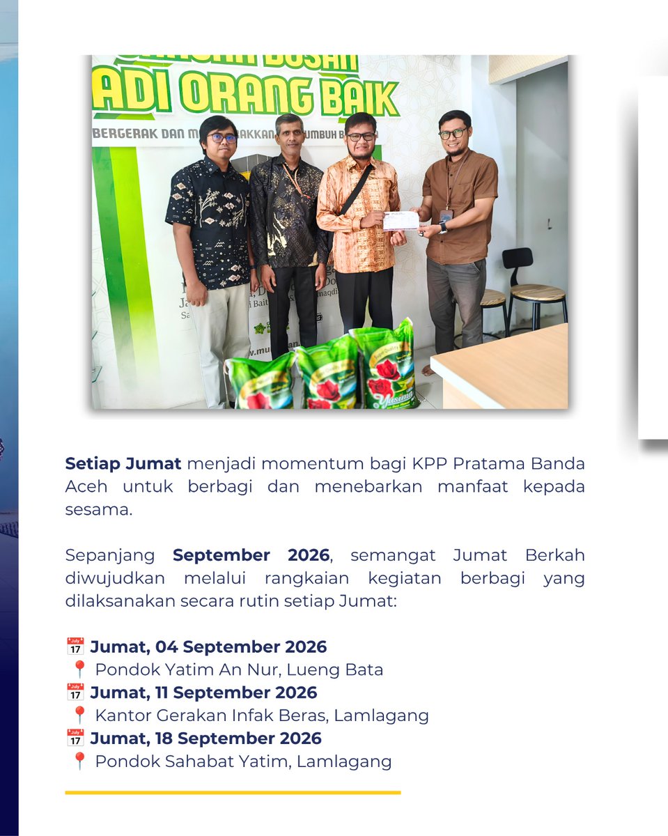 pajakbnaaceh's tweet photo. Setiap Jumat, KPP Pratama Banda Aceh berbagi dan menebarkan manfaat kepada sesama. 🤍

Sepanjang September 2026, kegiatan Jumat Berkah hadir di beberapa tempat sebagai wujud kepedulian dan semangat berbagi.

Berbagi kebaikan, menebarkan manfaat. 🌱 https://t.co/BfHUBByb7S