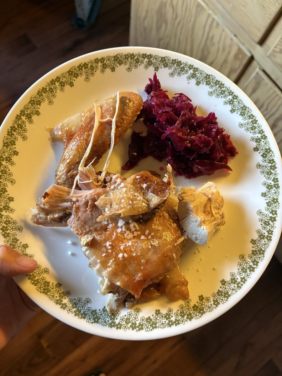MrsKristinaCook's tweet photo. We roasted a chicken to share for dinner this evening. I made a warm salad to go alongside it with caramelized red onions, toasted pecans, roasted sweet potato, arugula, and goat cheese. Then I tossed it all together with olive oil and balsamic vinegar. 

I skipped the salad and had chicken, drippings, and sauerkraut. Genevieve went for chicken, butter, and a few bites of sweet potato. I’m a big fan of only making one meal work for the whole family because I’m not making 3 different meals for 3 different microbiomes, 3 different goals, or 3 different taste buds. I’m making one meal with multiple different ways of accommodating different nutritional strategies.
