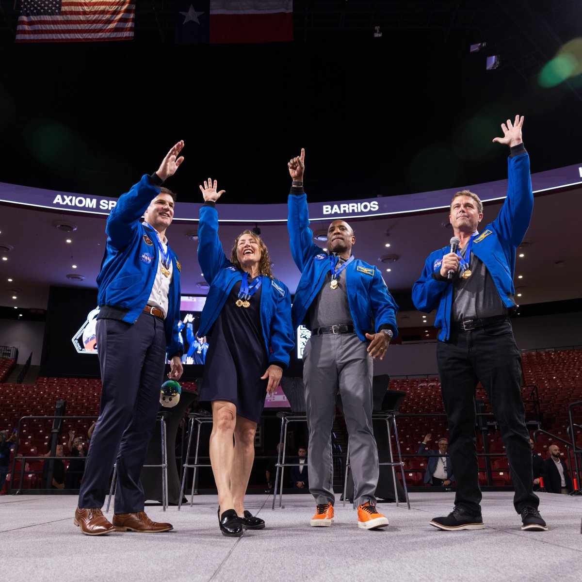 UHouston's tweet photo. Coogs, we have a celebration in Space City 🚀🌙 

The Artemis II crew touched down for a special celebration at the Fertitta Center! https://t.co/1ibir0Bq84