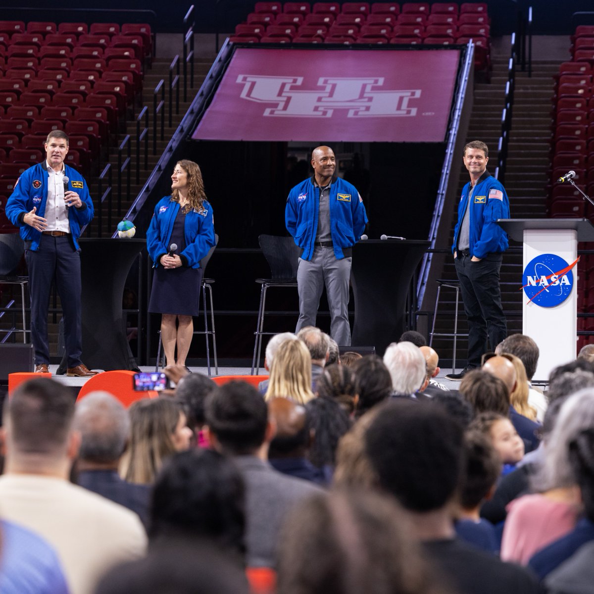 UHouston's tweet photo. Coogs, we have a celebration in Space City 🚀🌙 

The Artemis II crew touched down for a special celebration at the Fertitta Center! https://t.co/1ibir0Bq84