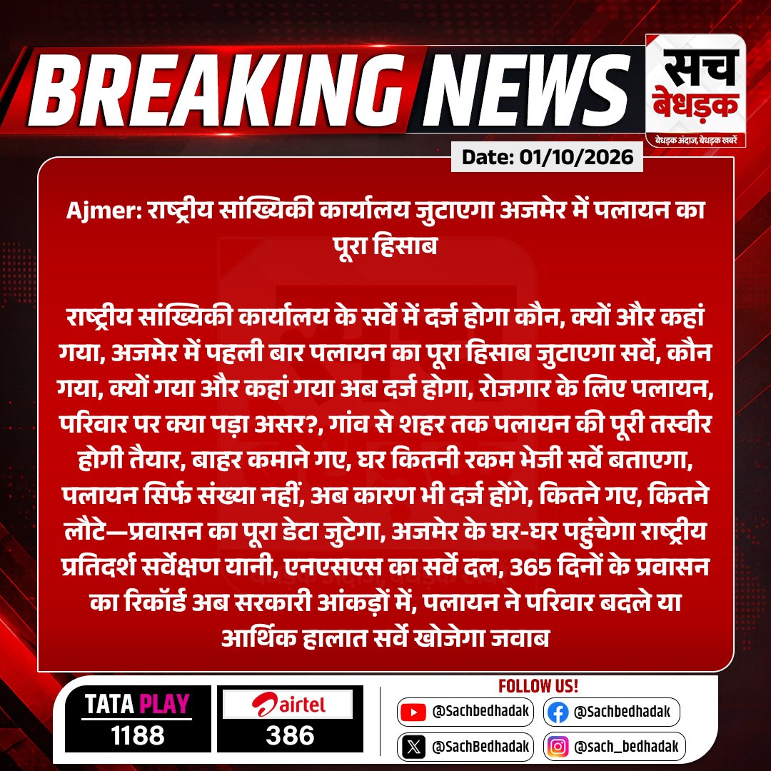 SachBedhadak's tweet photo. #Ajmer: राष्ट्रीय सांख्यिकी कार्यालय जुटाएगा अजमेर में पलायन का पूरा हिसाब
राष्ट्रीय सांख्यिकी कार्यालय के सर्वे में दर्ज होगा कौन, क्यों और कहां गया, अजमेर में पहली बार पलायन का पूरा हिसाब जुटाएगा सर्वे...
#RajasthanWithSB #MigrationSurvey #MigrationData #NationalStatisticsOffice #NSO