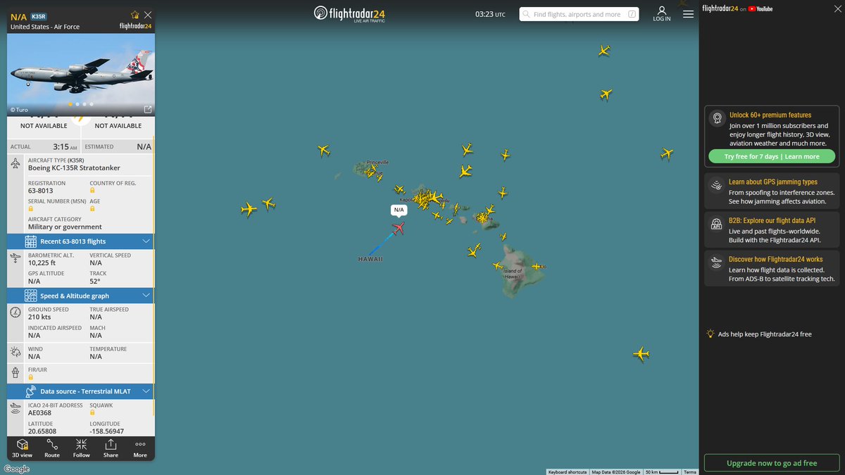 AIYeyENGDdJkjTr's tweet photo. Oct. 1, 2026
#Okinawa Kadena Air Base #Diego Garcia ==> #Joint Base Pearl Harbor-Hickam, Honolulu
#NoCALLSIGN #AE042B USAF KC-135R Stratotanker
#NoCALLSIGN #AE0368 USAF KC-135R Stratotanker https://t.co/CmSdPJRXia