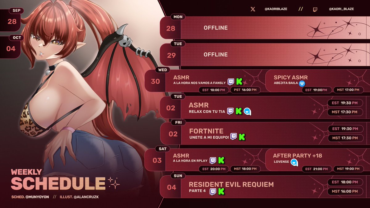 Kaoriblaze's tweet photo. 🔥WEEKLY SCHEDULE🔥 https://t.co/czQsknLEnv
