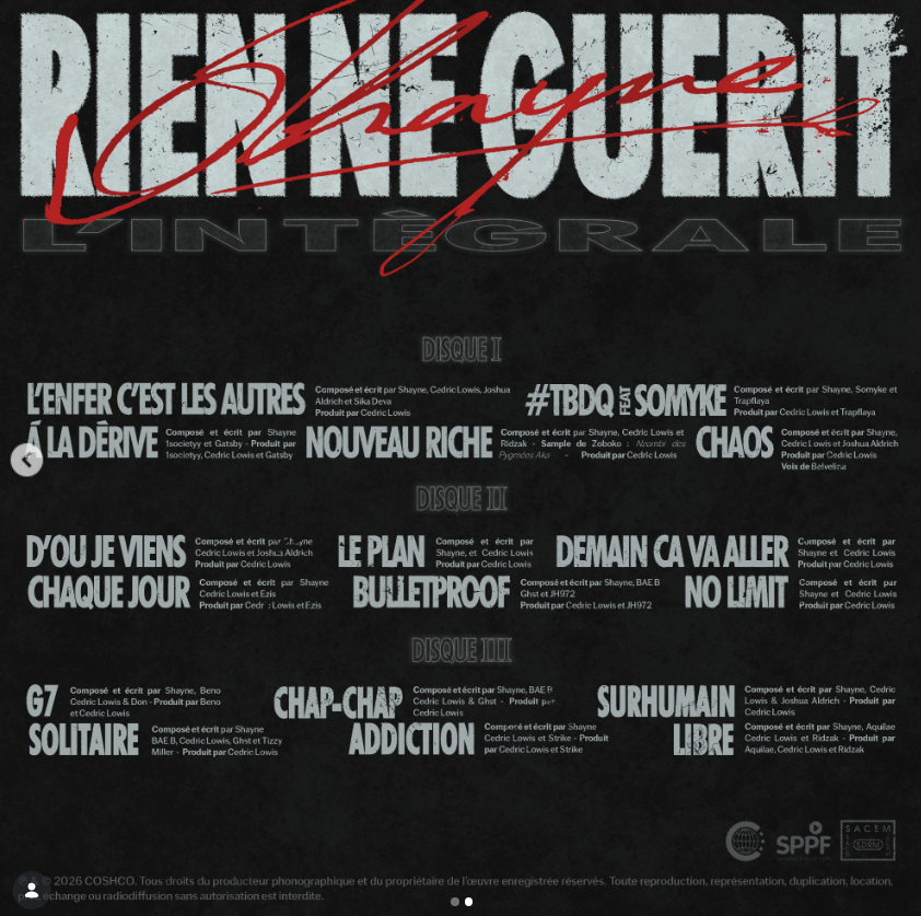 16x16FR's tweet photo. #TRACKLIST : Découvre la tracklist du projet "Rien ne guérit, l'intégrale", de Shayne à paraître le 07 Octobre !
Feat : @Somyke_Griot
@Shayne9th https://t.co/RAlf9UAnKN